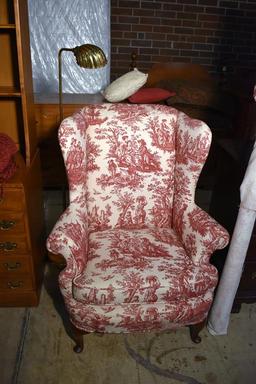 Beautiful Queen Anne Style Wing Chair in Red Toile /w Hand Made Crimson Afghan & Extra Upholstery