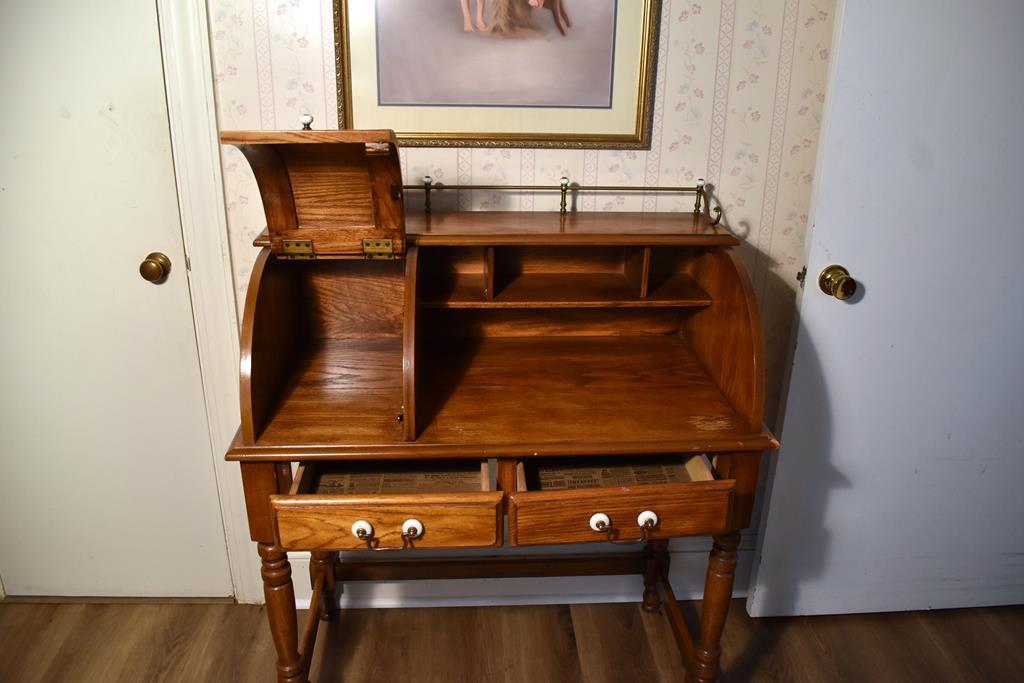 Small Vintage Oak Desk with Lift Top Compartment, Brass Rail, & Finished Back