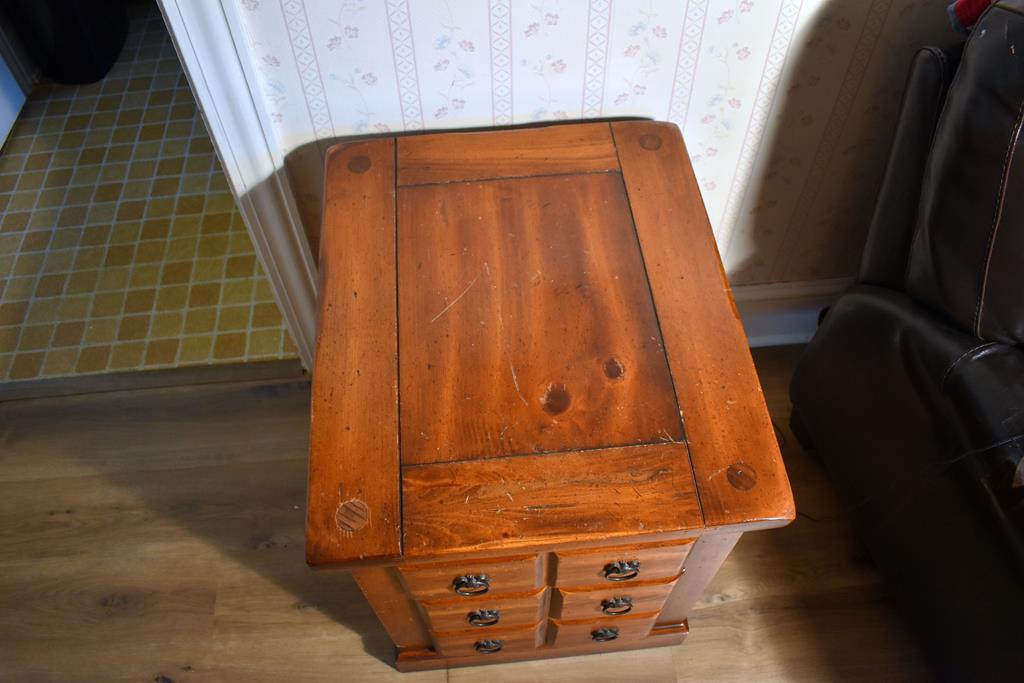 Small Two Drawer Pine End Table w/ Brass Side Bars
