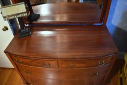 Vintage Four Drawer Mahogany Bow Front Dresser w/ Beveled Mirror, Paw Feet