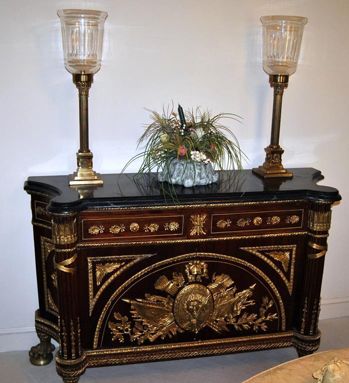 Black Marble Top Empire Style Console, Ornate w/ Ormolu Decoration, Ball & Claw Feet, Made in Egypt