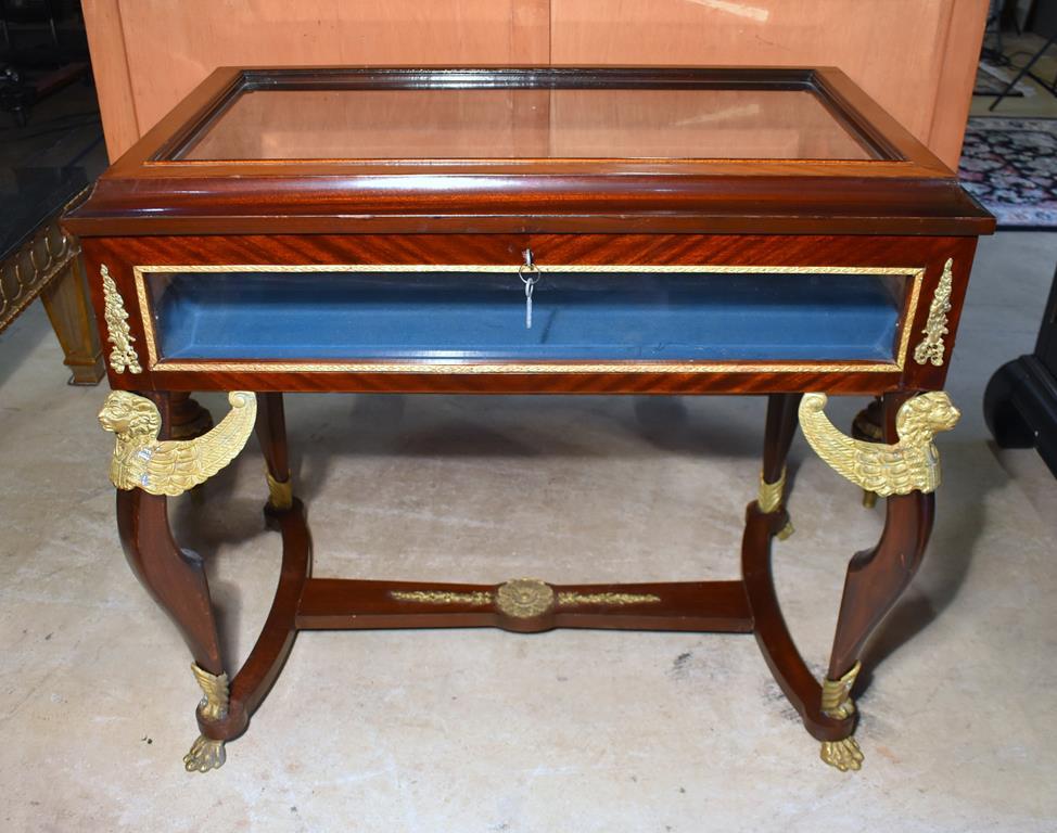 Fancy Egyptian Revival Style Paw Footed Display Case Table, Beveled Glass, w/ Key