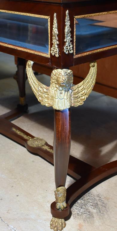 Fancy Egyptian Revival Style Paw Footed Display Case Table, Beveled Glass, w/ Key
