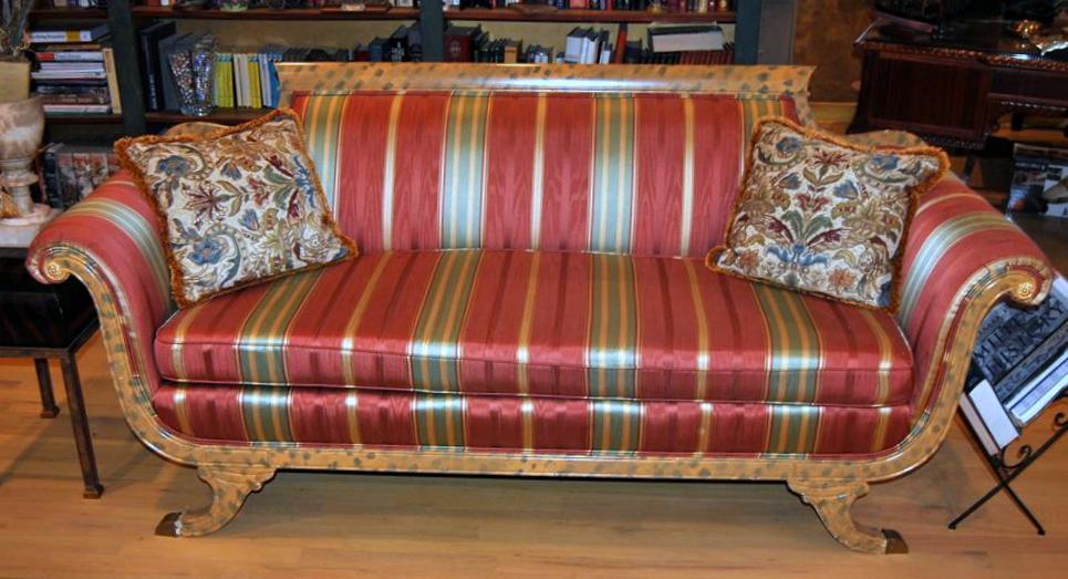 Red Gold & Green Stripe Federal Style Sofa w/ Hand Painted Finish to Wood Sections, 2 Accent Pillows