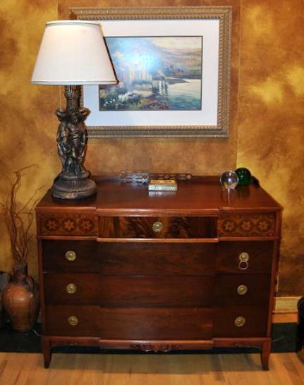 Beautifully Inlaid Mahogany Chest with Carved Back Rail