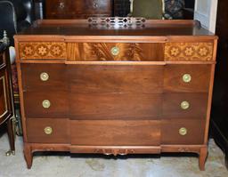 Beautifully Inlaid Mahogany Chest with Carved Back Rail