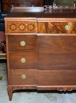Beautifully Inlaid Mahogany Chest with Carved Back Rail