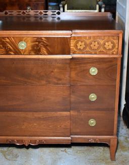 Beautifully Inlaid Mahogany Chest with Carved Back Rail