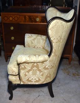 Gorgeous Wing Chair, Light Gold Damask Upholstery, Nailhead Trim (Lots 24 & 25 Match)