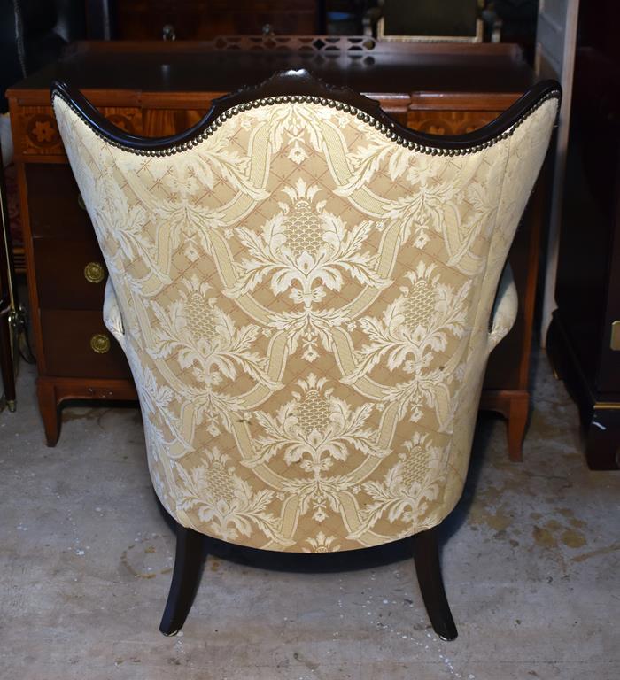 Gorgeous Wing Chair, Light Gold Damask Upholstery, Nailhead Trim (Lots 24 & 25 Match)