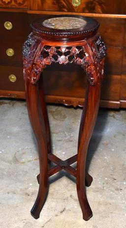 Marble Inlay Top Carved Mahogany Plant Stand