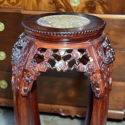 Marble Inlay Top Carved Mahogany Plant Stand