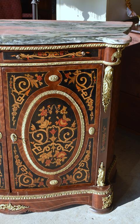 Remarkable Italian Marquetry Console w/ Pink Gray Marble Top & Ormolu Mounts