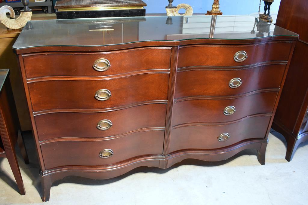 Vintage Mahogany Bow Front Double Dresser by White Furniture, Glass Top Cover (Lots 17-19 Match)