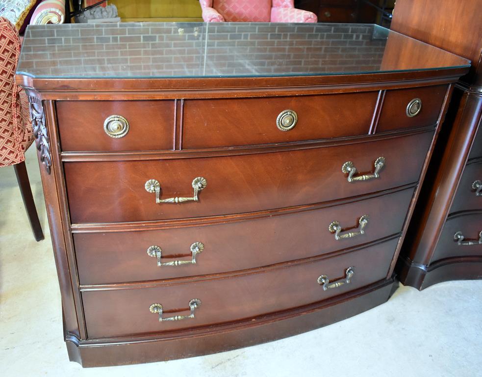 Vintage Mahogany Bow Front Dresser Chest by White Furniture, Glass Top Cover (Lots 24-26 Match)