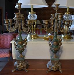 Pair of Antique Style Green Stone & Bronzed Finish Metal Five Light Candelabra, Made in Italy