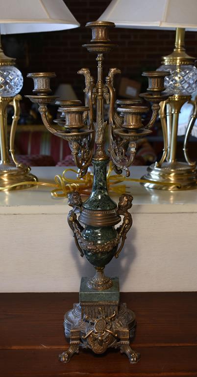 Pair of Antique Style Green Stone & Bronzed Finish Metal Five Light Candelabra, Made in Italy