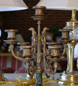 Pair of Antique Style Green Stone & Bronzed Finish Metal Five Light Candelabra, Made in Italy