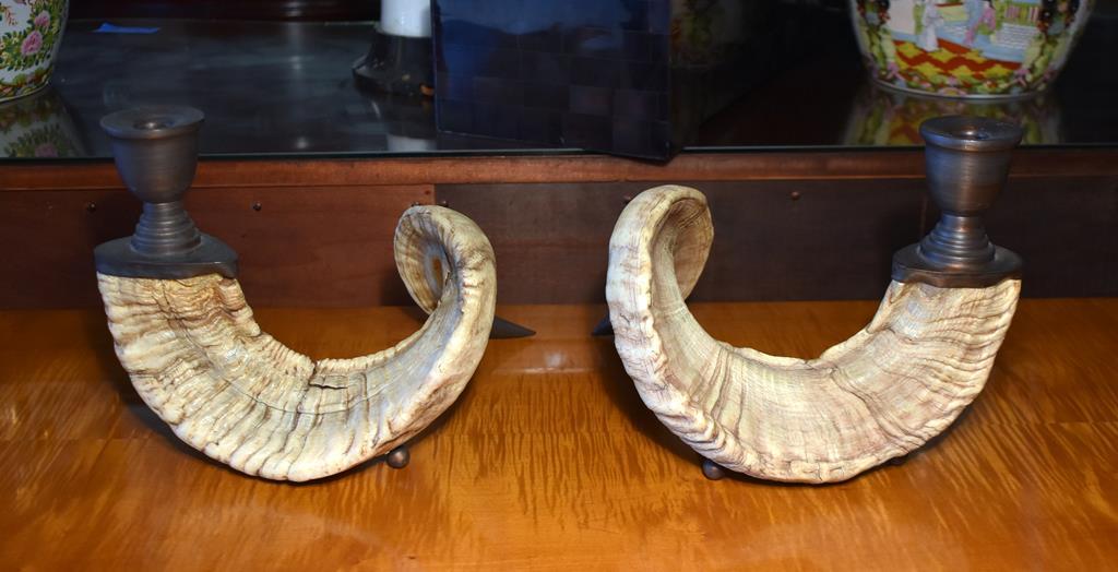 Wonderful Pair of Cusi Ram's Horn Candle Holders, 12” L