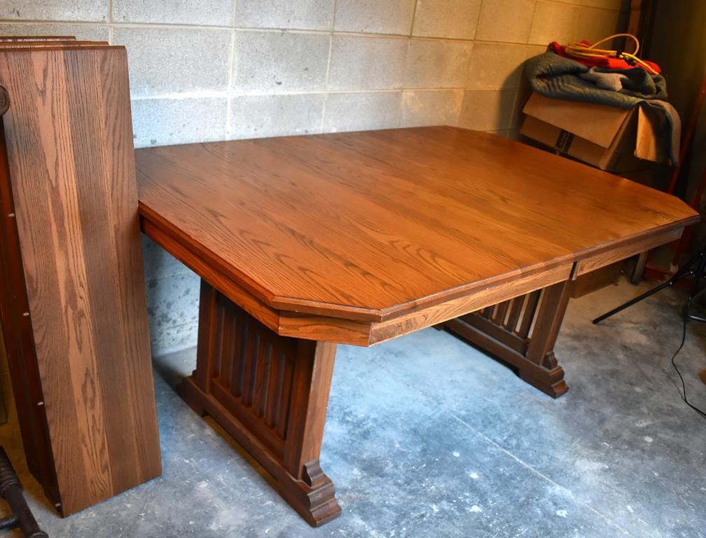 Solid Oak Craftsman Style Dining Table with Four Extension Leaves
