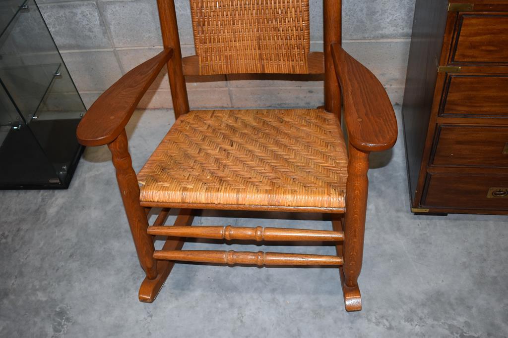 Handsome Oak Kennedy Presidential Rocker with Woven Cane Seat & Back, Dark Blue Cushions