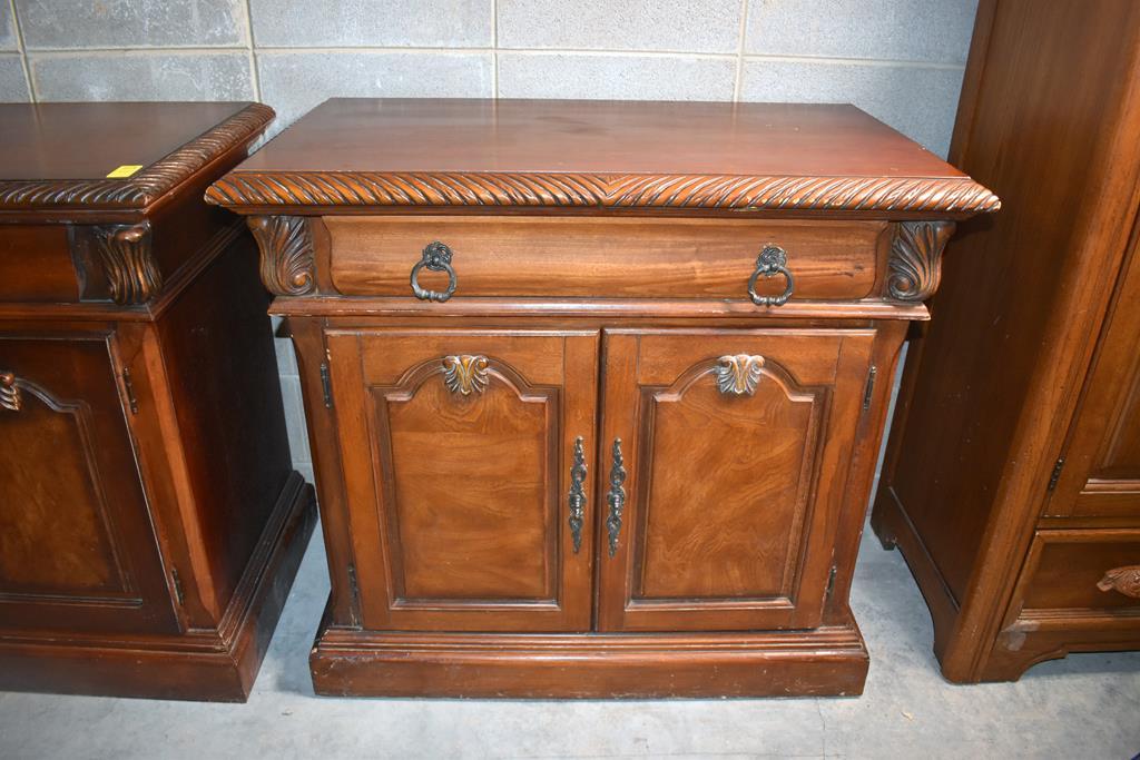 Large Scale Carved Detail Nightstand with Two Interior Drawers Under Top Drawer