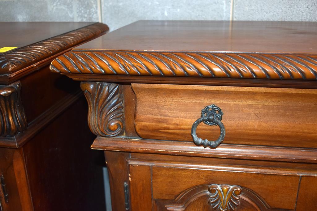 Large Scale Carved Detail Nightstand with Two Interior Drawers Under Top Drawer