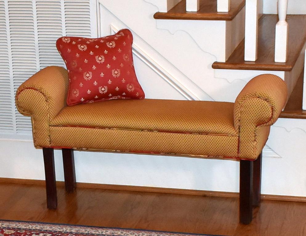 Diminutive Upholstered Scroll Arm Bench with Red Accent Honeybee Pillow