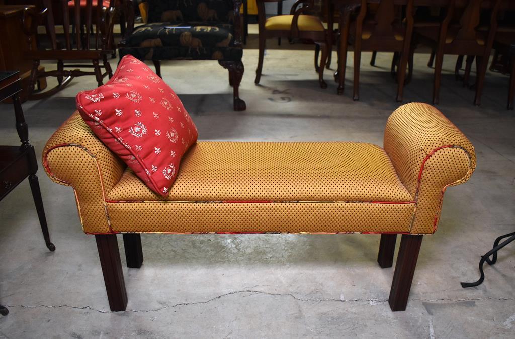 Diminutive Upholstered Scroll Arm Bench with Red Accent Honeybee Pillow