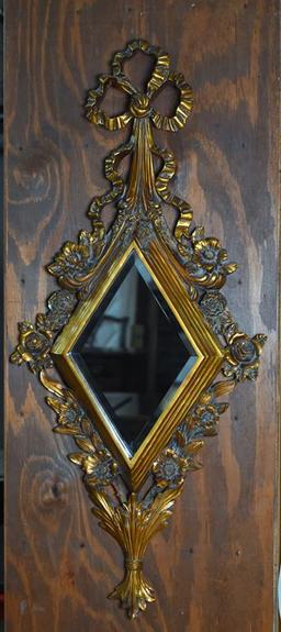 Diamond Wall Accent Mirror, Gilt Floral & Bow Trim, Beveled Glass