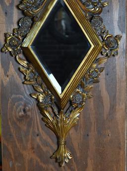 Diamond Wall Accent Mirror, Gilt Floral & Bow Trim, Beveled Glass