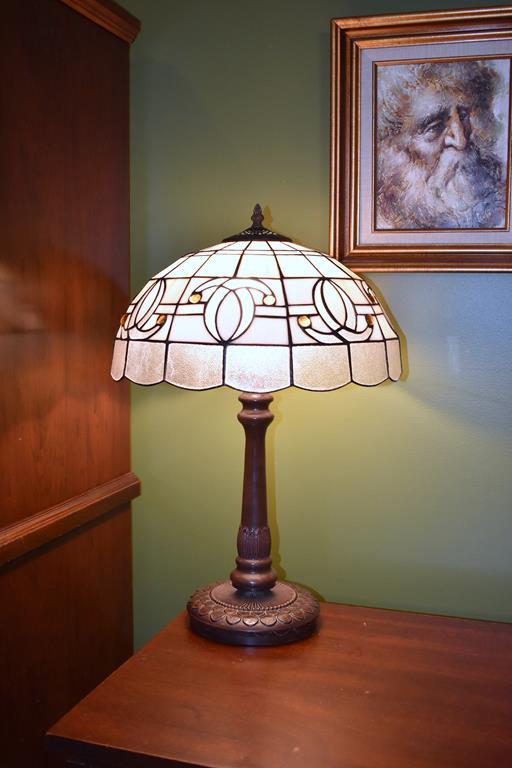 Artistic Stained Glass Lamp with Bronze Finish Columnar Base