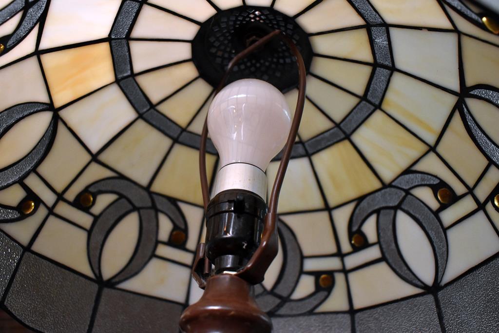 Artistic Stained Glass Lamp with Bronze Finish Columnar Base