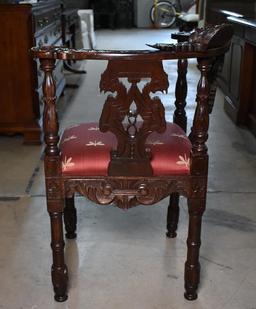 Ornate and Lovely Carved Mahogany Corner Chair w/ Dragonfly Upholstered Seat