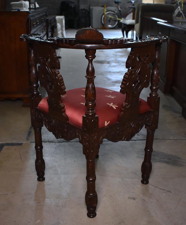 Ornate and Lovely Carved Mahogany Corner Chair w/ Dragonfly Upholstered Seat