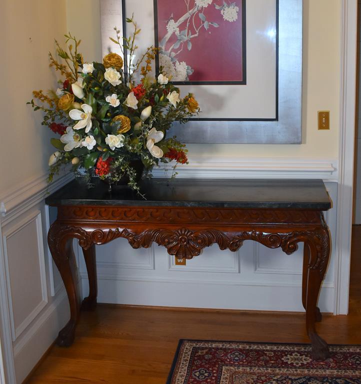 Fabulous Carved Mahogany Console Table, Paw Feet, Faux Marble Top