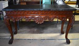 Fabulous Carved Mahogany Console Table, Paw Feet, Faux Marble Top