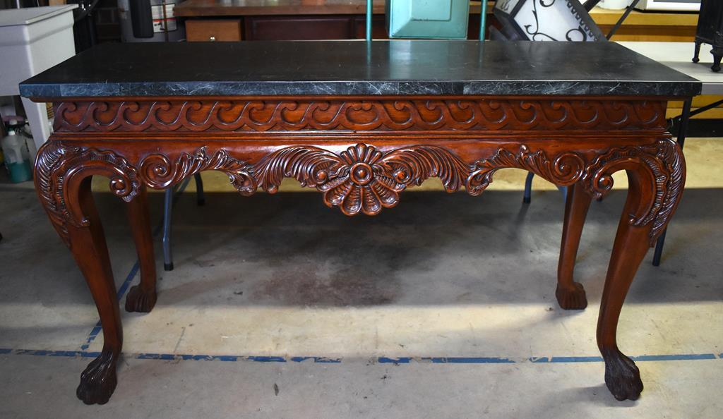 Fabulous Carved Mahogany Console Table, Paw Feet, Faux Marble Top