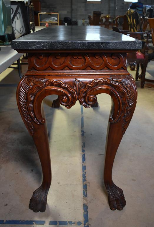 Fabulous Carved Mahogany Console Table, Paw Feet, Faux Marble Top