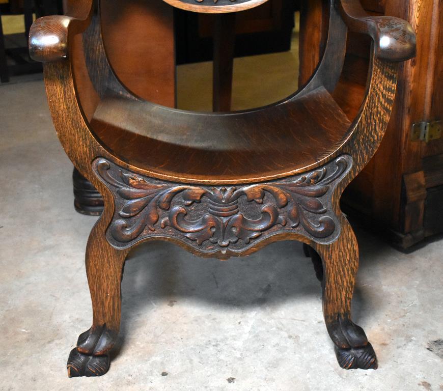 Antique Victorian Whimsy Gothic Revival Stomps-Burkhardt Northwind Tiger Oak Fireside Chair
