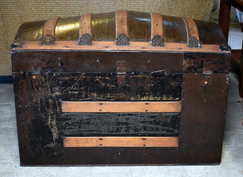 Striking Antique Wood & Metal Dome Top Steamer Trunk