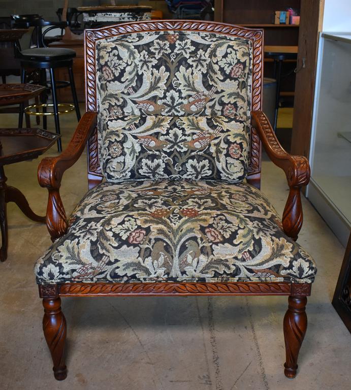 Lovely Contemporary Fairfield Bird Tapestry & Carved Mahogany Armchair