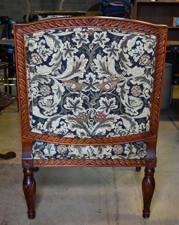 Lovely Contemporary Fairfield Bird Tapestry & Carved Mahogany Armchair