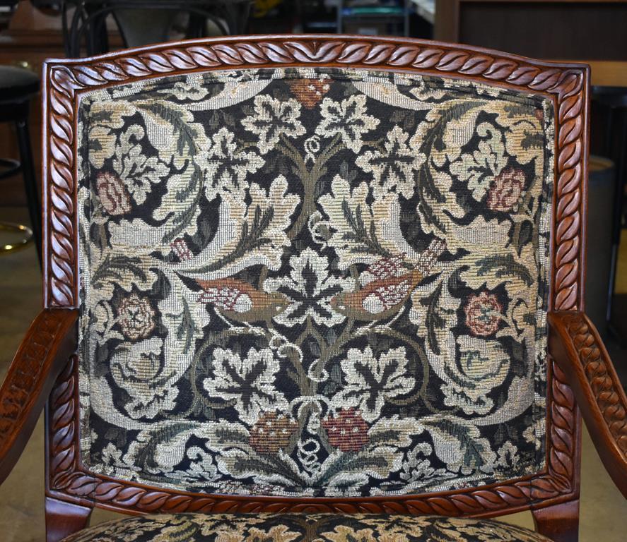 Lovely Contemporary Fairfield Bird Tapestry & Carved Mahogany Armchair