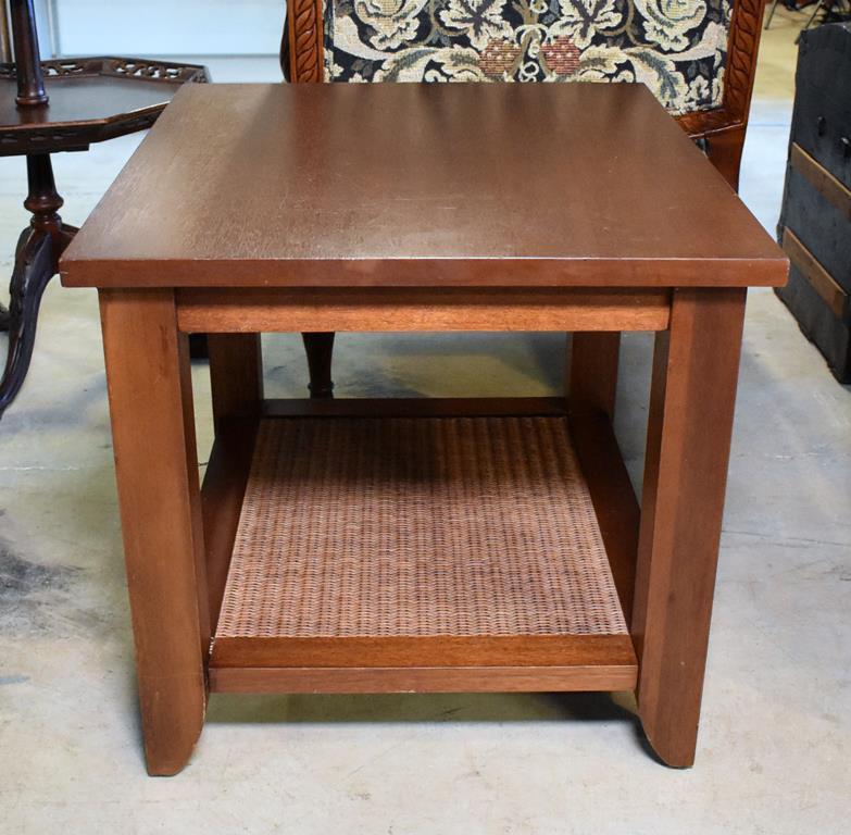 Contemporary Mahogany Side Table with Woven Fiber Texture Bottom Shelf