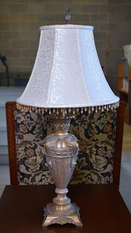 Elegant Antiqued Gilt Silver Finish Contemporary Table Lamp, 35” H