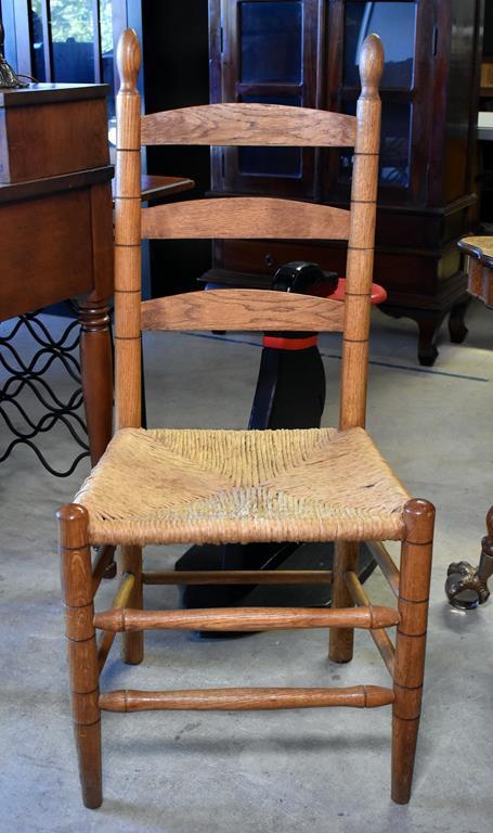 Solid Oak Slat Back Side Chair with Rush Seat