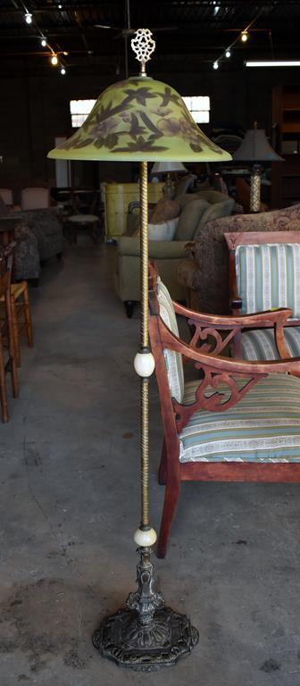 Antique Brass & Alabaster Floor Lamp with Reverse Painted Glass Shade