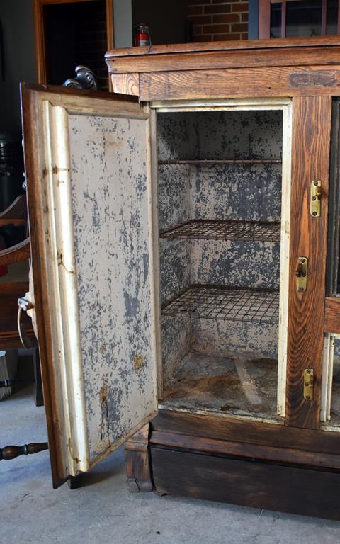Antique “Cold Storage” Brand Tiger Oak Ice Box Refrigerator, Wooden Caster Feet