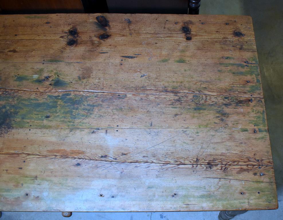 Rustic Antique Heart Pine Table w/ Old Green Paint Legs, Age Distressed Top, Simple Scroll Apron